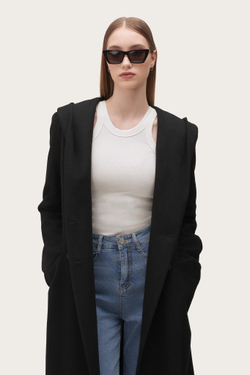 Черное шерстяное пальто "Элен" с капюшоном