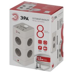 Сетевой фильтр ЭРА TWR-8es-1,5m-4USB-W башня с защитой заземлением с выключателем 8 розеток+4xUSBA+C 1,5м 16А белый