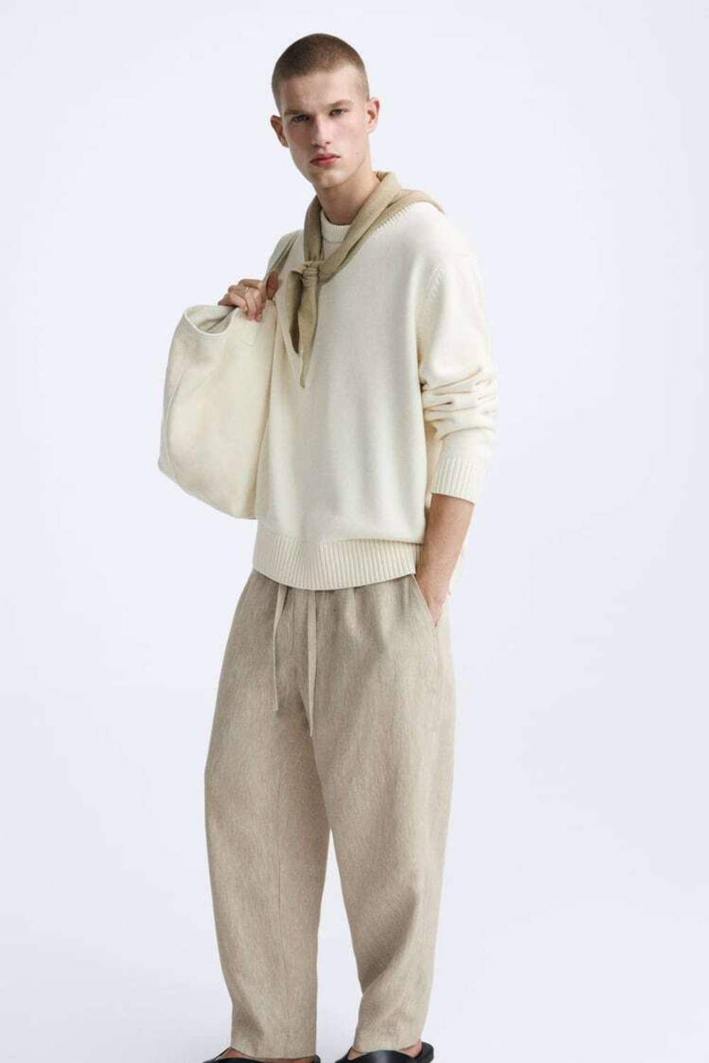 ZARA БРЮКИ-ДЖОГГЕРЫ ИЗ 100% ЛЬНА, СВЕТЛО-БЕЖЕВЫЙ