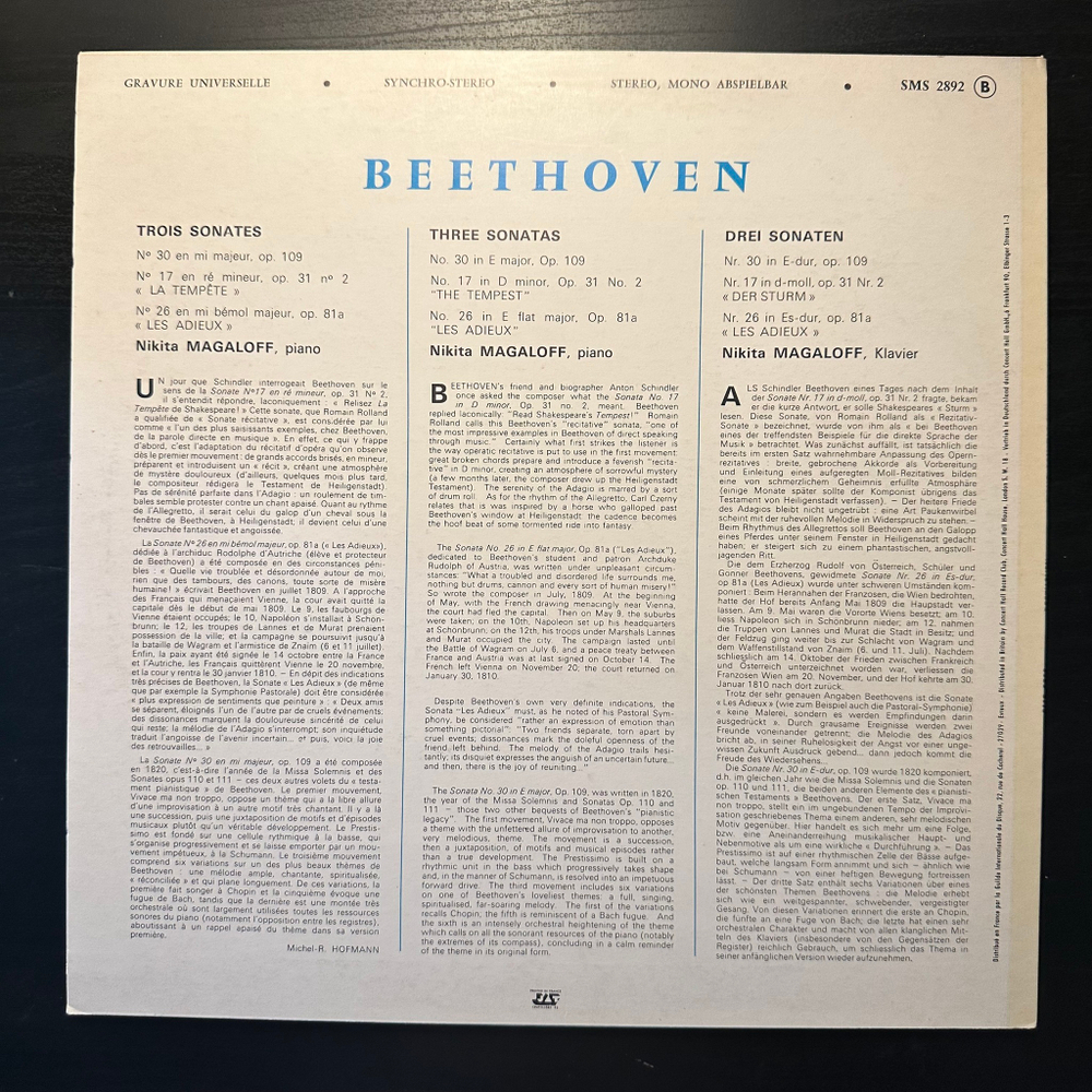 Бетховен - Сонаты для фортепиано №№ 17, 26, 30 (Франция 1974г.)