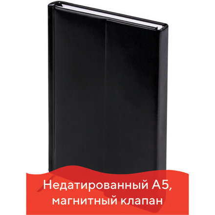 Ежедневник недатированный А5 138х213 мм BRAUBERG "Towny" под кожу, магнитный клапан 160 л., черный, 123785