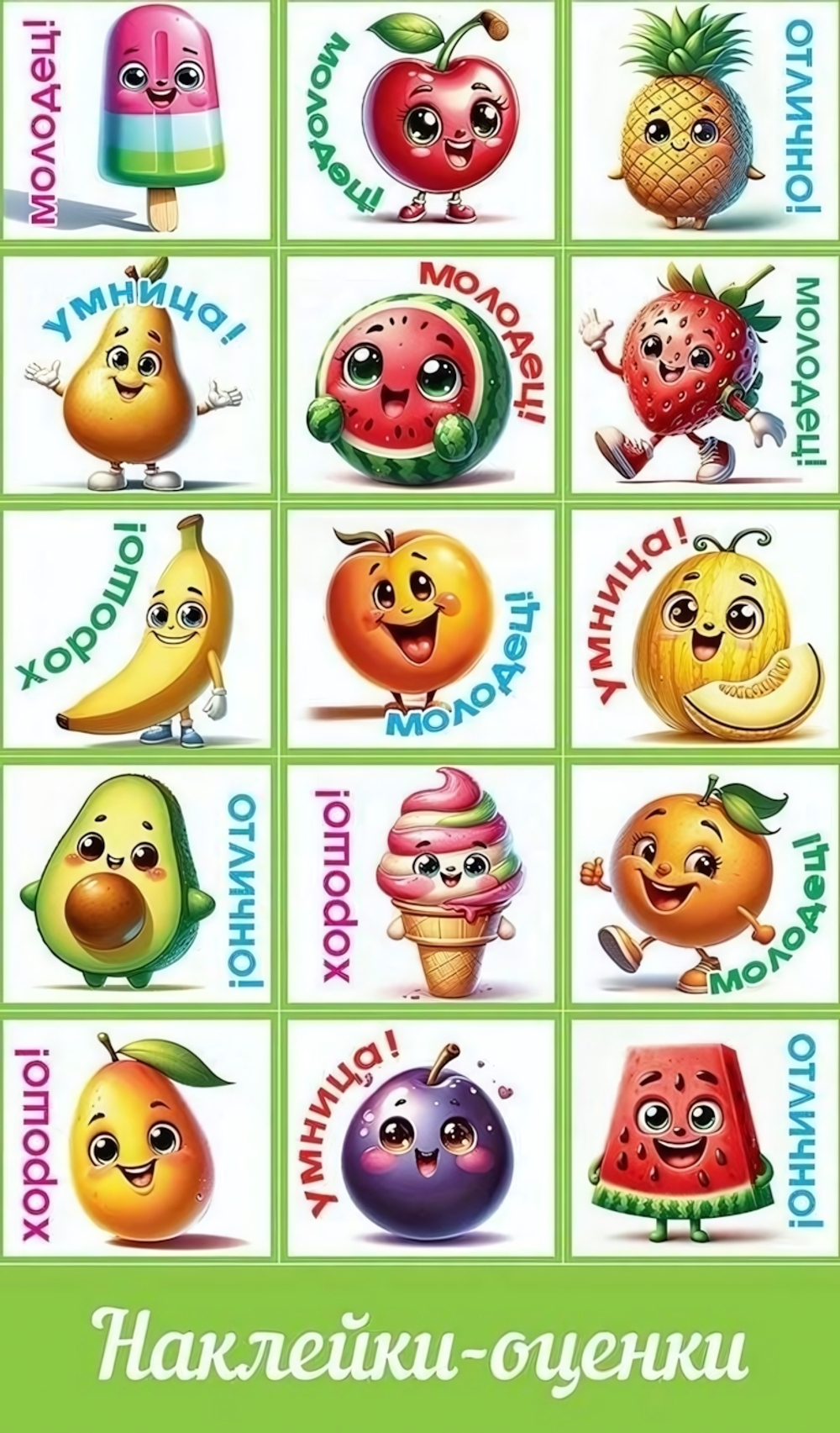 Наклейки-оценки "Фрукты с глазками"(Праздник)