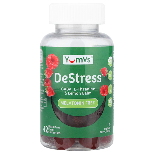YumVs, DeStress, жевательные таблетки, без мелатонина, со вкусом ягодного ассорти, 42 жевательные таблетки