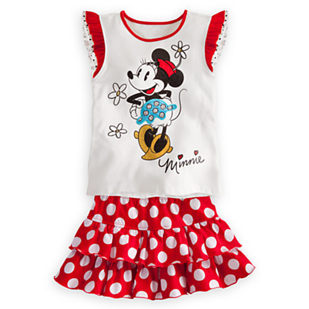 Костюм детский из майки с принтом Минни Маус и юбки в горох