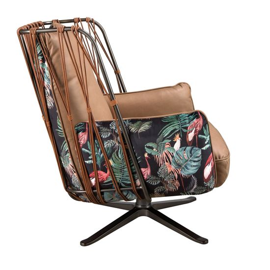 Кресло поворотное 5168 из коричневой кожи и ткани с коричневым принтом