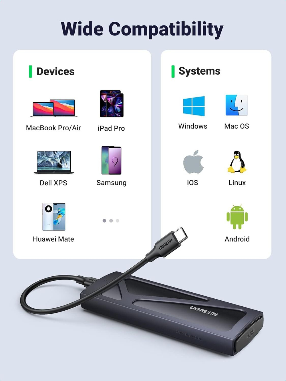 Корпус для установки M.2 SSD накопителя NVME M-Key (USB 3.1 Gen 2) UGREEN 15512
