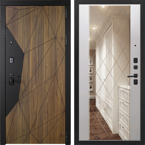 Дверь входная металлическая с внутренним зеркалом и внешней отделкой под дерево - 1092