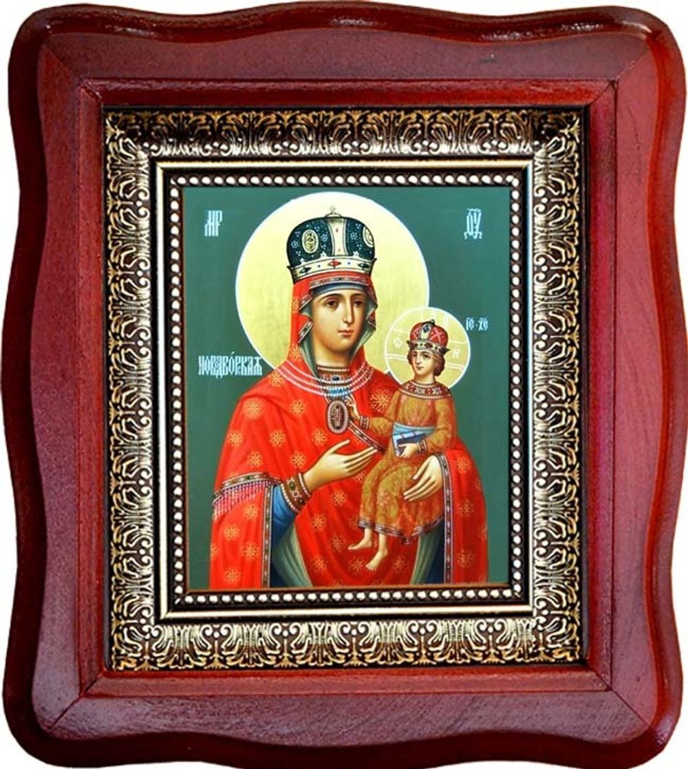 Новодворская икона Божьей Матери на холсте 10х12 см в киоте 18х20х4 см.