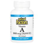 Natural Factors, витамин A, 3000 мкг (10 000 МЕ), 180 капсул