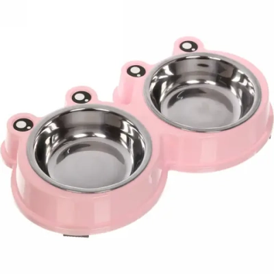 Миска пластиковая с металлической чашкой двойная «Колор-Лягушонок» 27,8*15,5*4см цвет нежно-розовый/300мл