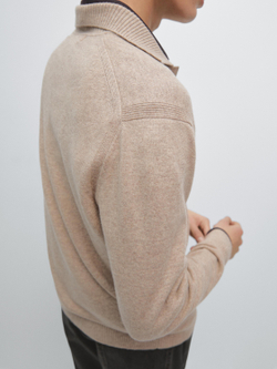 Massimo Dutti Трикотажный свитер поло из 100% шерсти с V-образным вырезом, песочный