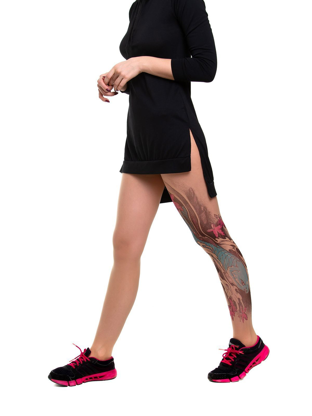 Женские колготки с эффектом цветного тату на левой ножке (Размер: S-M-L) (Цвет: бежевый)