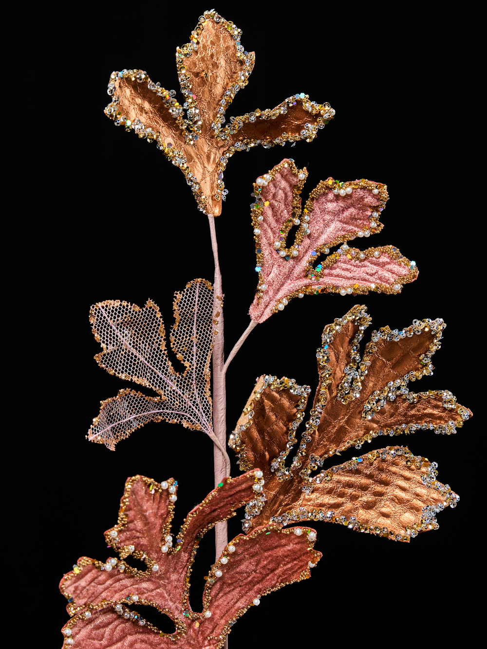 Веточка с листьями 15х71см ChristmasDeLuxe розовое золото