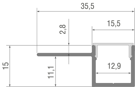 Donel, Встраиваемый алюминиевый анод. профиль под шпаклевку, 35,5х15х2000мм. В комплекте матовый экр