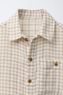 ZARA РУБАШКА В КЛЕТКУ С КАРМАНОМ, ЭКРЮ