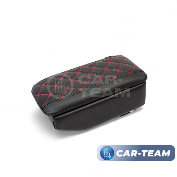 Подлокотник с боксом Renault Logan 2 2014-2022г.в., Sandero 2 2014-2018г.в., Duster 2 с 2015-2021г.в. из экокожи с узором - красный ромбик, (без регулировки сиденья по высоте), "Аламар"