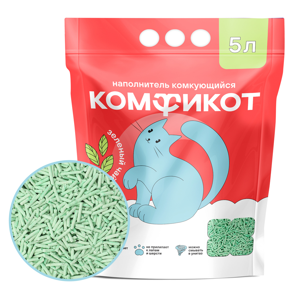 КОМФИКОТ Наполнитель тофу комкующийся зеленый чай, 5 л