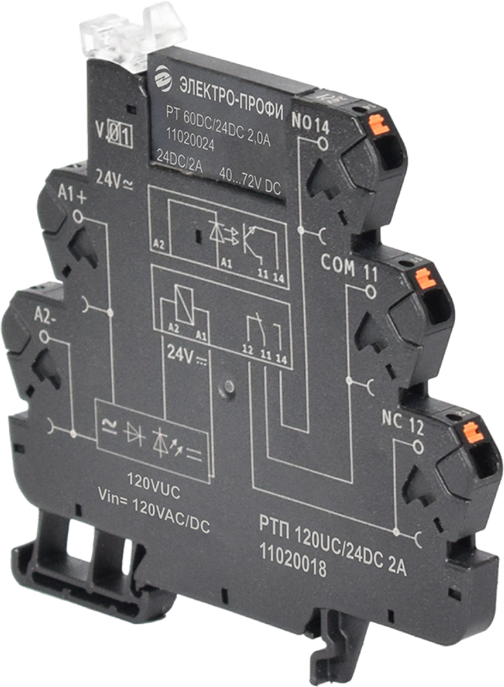 Реле твердотельное 120VUC/24VDC, 2A, PUSH-IN зажим, 11020018 РТП