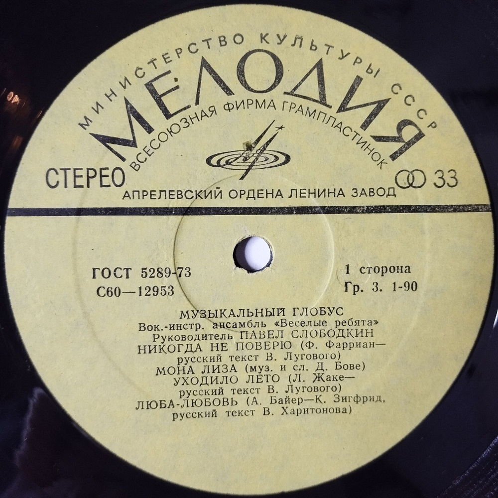 Винтажная виниловая пластинка LP Веселые Ребята Музыкальный Глобус (СССР 1982) Никогда Не Поверю