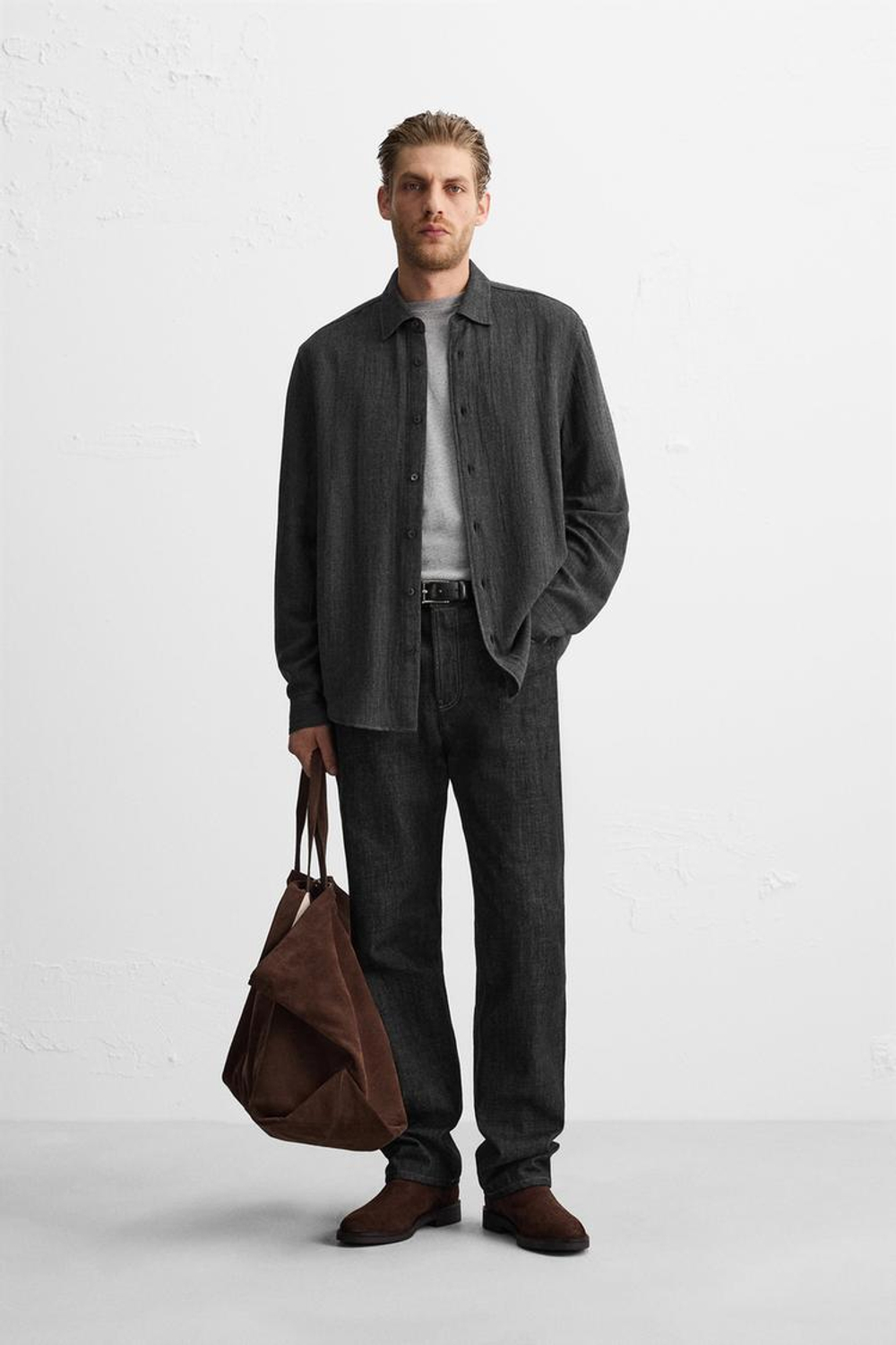 ZARA РУБАШКА ИЗ СМЕСОВОЙ ВИСКОЗЫ, ТЕМНО-СЕРЫЙ