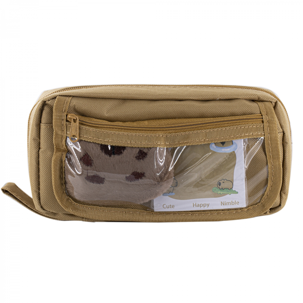 Пенал - косметичка Alingar, ткань, молния, боковой карман, липучка, значок, стикеры д/заметок, 200 х 90 х 45 мм, "CAPYBARA", капибара, бежевый