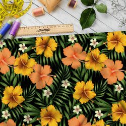 Ткань таффета крупные жёлтые цветы и яркий папоротник
