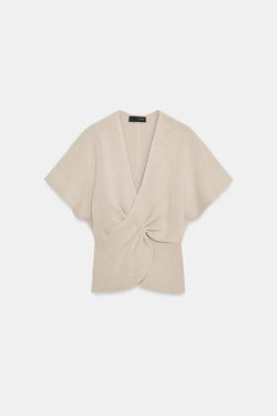 ZARA ТРИКОТАЖНЫЙ ТОП С УЗЛОМ, СВЕТЛО-БЕЖЕВЫЙ