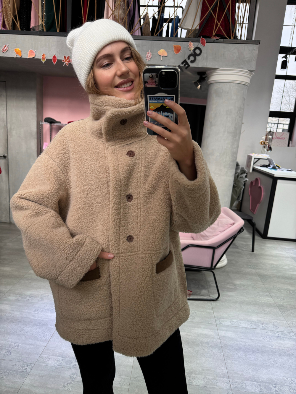 Двойная дубленка шоколадно-бежевая