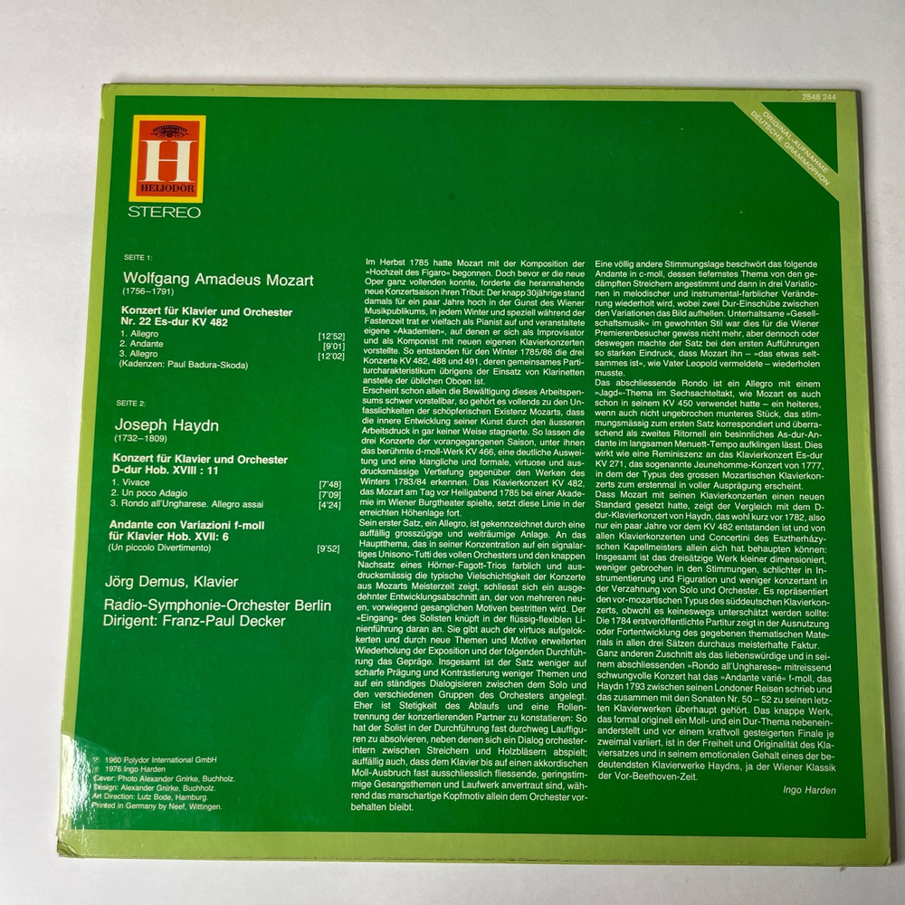 Винтажная виниловая пластинка LP W. A. Mozart Моцарт, J. Haydn Гайдн, Piano Concerto In E Flat Major, KV 482 Piano Concerto In D Major, Op. 21 (Германия 1977)