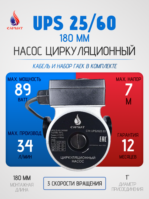 Насос циркуляционный САРМАТ SR 25-60/180