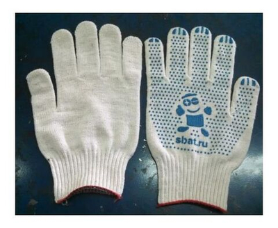 Перчатки х/б с ПВХ 4 нити 10 класс, вес пары 50гр, белые Батареечка - упаковка 5 пар.