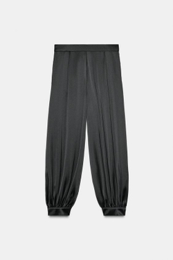 ZARA АТЛАСНЫЕ БРЮКИ-БОМБЕРЫ С ЗАЩИПАМИ, ЧЕРНЫЙ