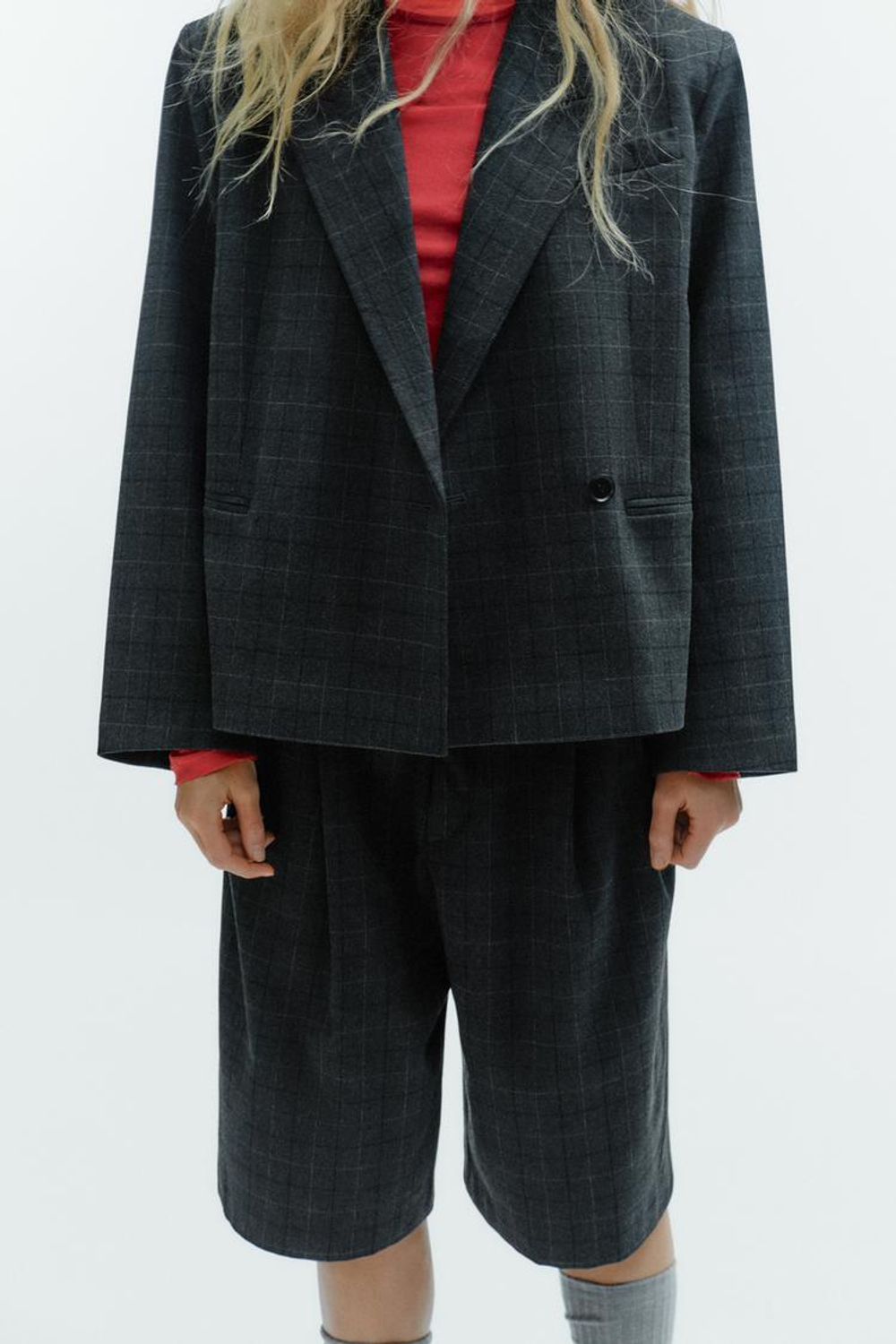 ZARA УКОРОЧЕННЫЙ БЛЕЙЗЕР ОВЕРСАЙЗ В КЛЕТКУ, СЕРЫЙ МЕЛАНЖ