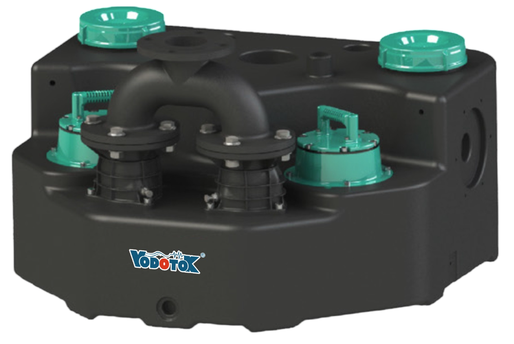 Насосная станция канализационная "Vodotok" с двумя насосами, имеющими моторы на постоянных магнитах и частотным преобразователем скорости вращения ротора модель КНС-ПМЧР-9м-18м³/ч-1,1кВт-180л