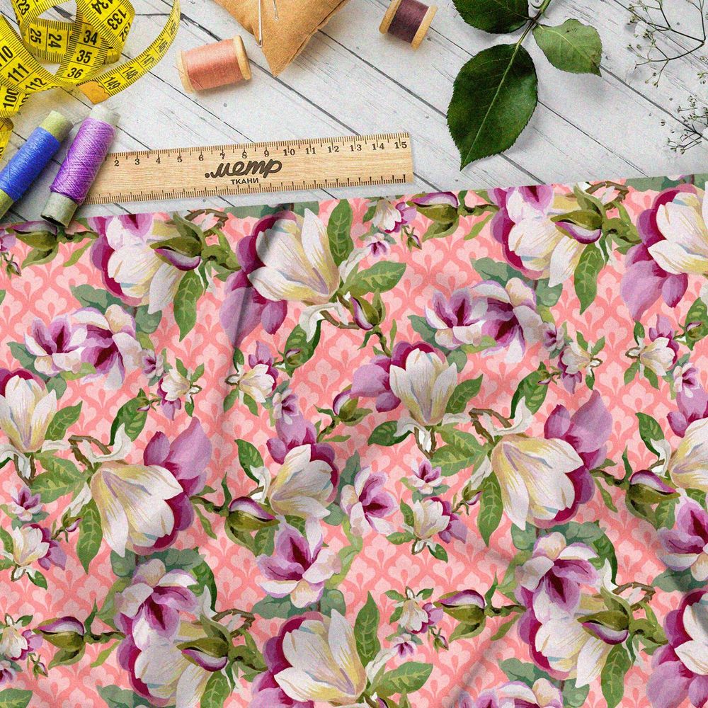 Ткань оксфорд 210 розовые и белые фиалки на розовом фоне с узором