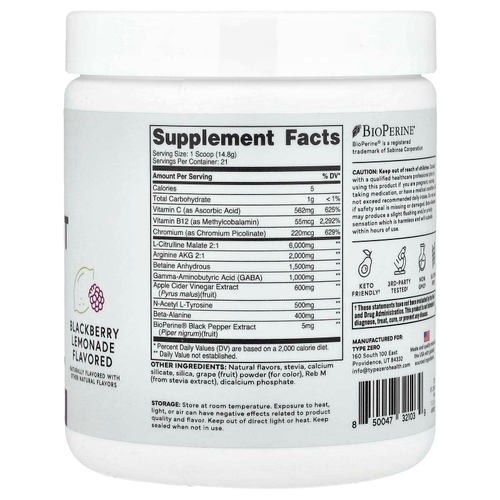 TypeZero, Clean Pre Workout, без стимуляторов, ежевичный лимонад, 311 г (11,1 унции)