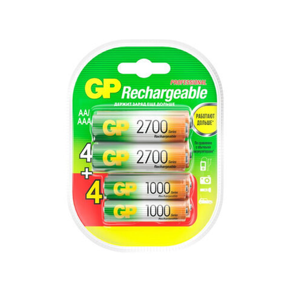 Батарейки аккумуляторные НАБОР 8 шт. (ПРОМО 4+4) GP AA+ААА (HR6+HR03) 2650mAh+930mAh, 270AA/100AAA