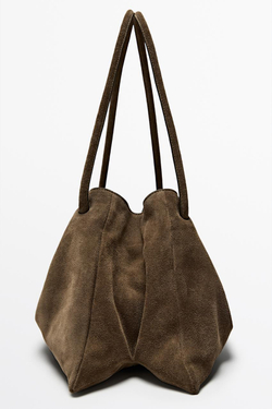 Massimo Dutti Кожаная сумка из замши со сборками, коричневый