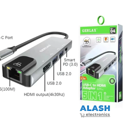 Переходник Gerlax GV-04 5в1 USB C Type-C HDMI USB A 2 USB 2.0 RJ45 Grey