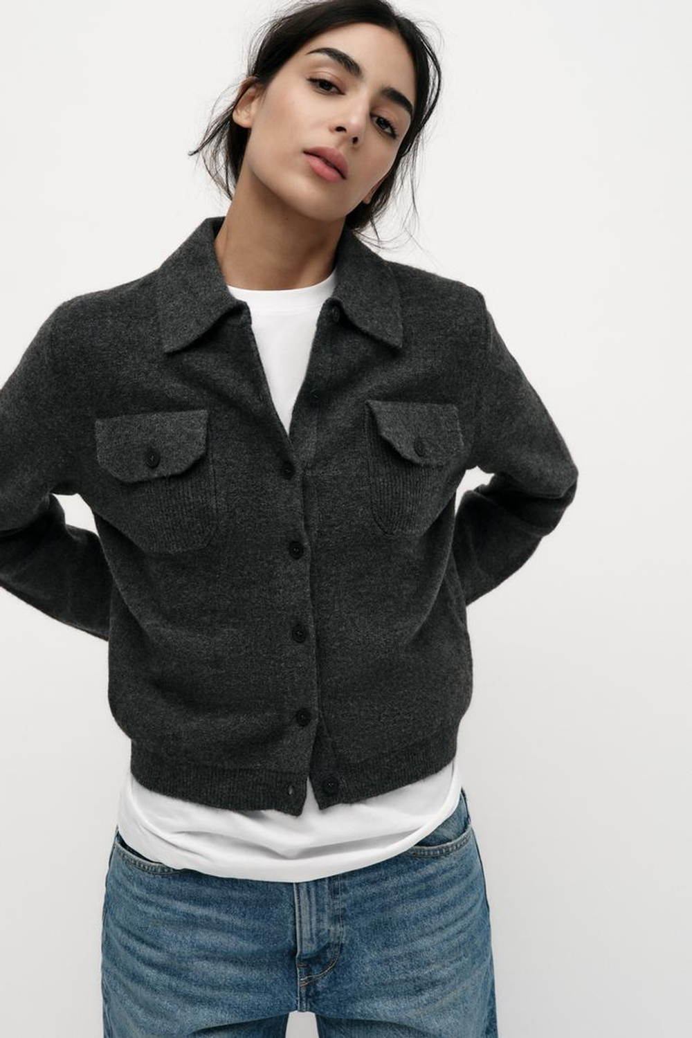 ZARA ОДНОТОННЫЙ КАРДИГАН С ВОРОТНИКОМ ПОЛО, МАРЕНГО С МЕЛАНЖЕВЫМ ЭФФЕКТОМ