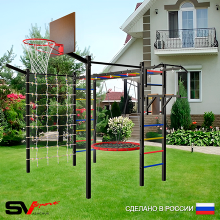 Уличная шведская стенка Sv Sport рукоход с комплектом турник прямой 2шт У5237К (Турник/Брусья/Гнездо 80см/Щит баскет/Кронш бокс/Сетка)