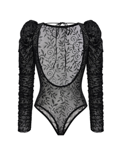 Боди с драпированными рукавами из эластичной сетки с узором