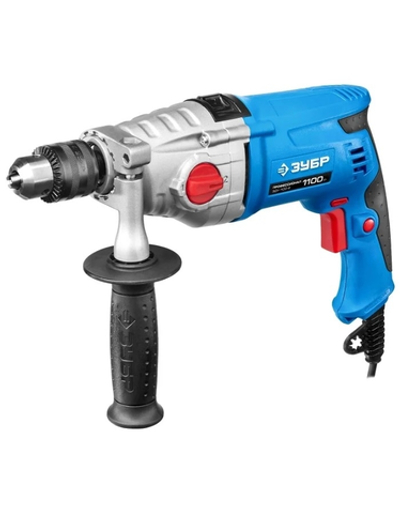 ЗУБР "ПРОФЕССИОНАЛ" ЗДУ-1100-2 ЭРММ2 Дрель-ударная  [ЗДУ-1100-2 ЭРММ2]  { 2скоростная,мет корпус редуктора,патрон 13мм, реверс,d сталь-16 мм/бетон-16 мм/дерево-35 мм,1100Вт }