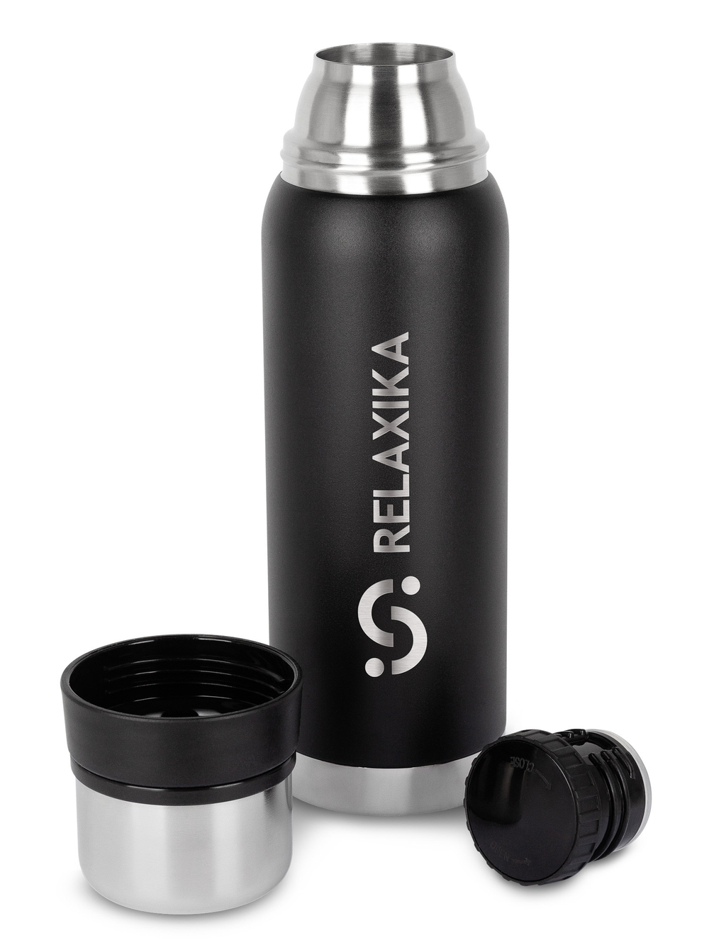 Термос Relaxika 103 (0,75 литра), черный (стикерпак "Зимний спорт")
