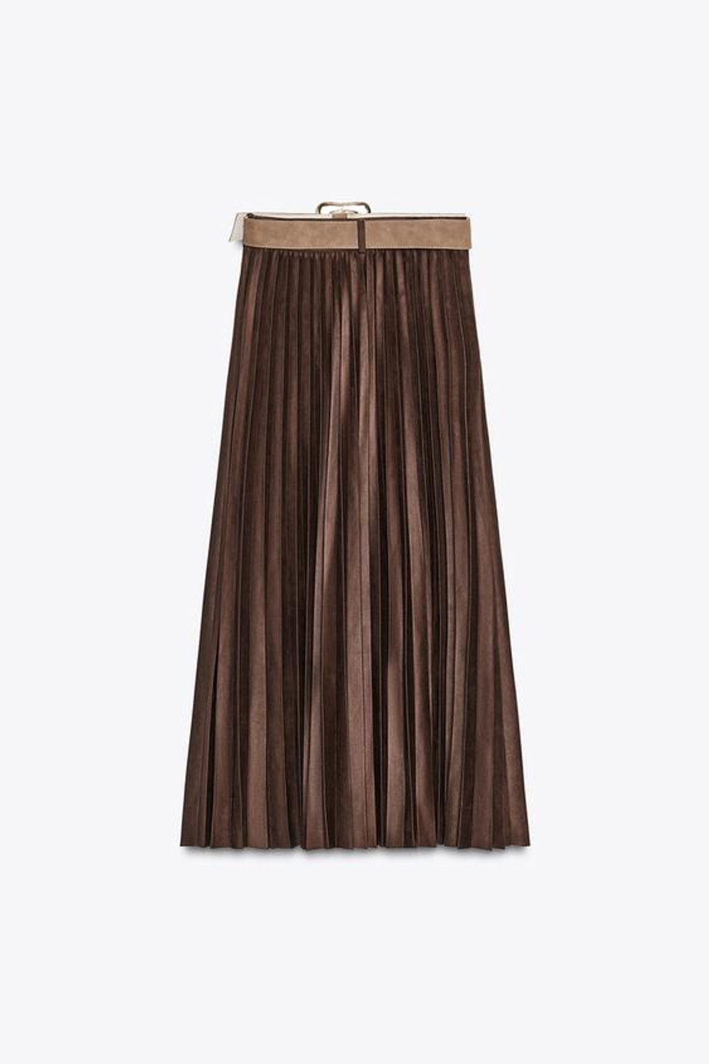 ZARA ПЛИССИРОВАННАЯ ЮБКА-МИДИ ПОД ЗАМШУ С ПОЯСОМ, КОРИЧНЕВЫЙ