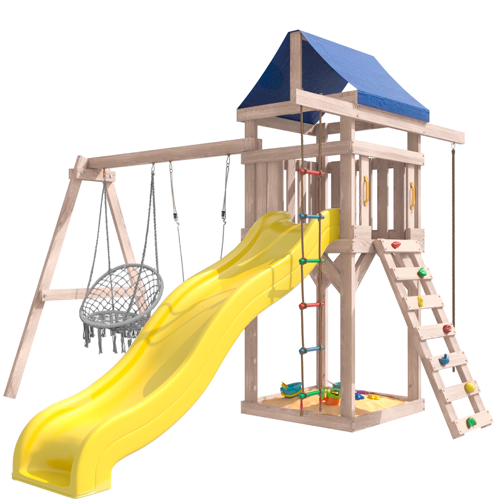 Детская площадка неокрашенная с качелями лодочка и подвесным плетеным креслом IgroWoods для улицы и дачи