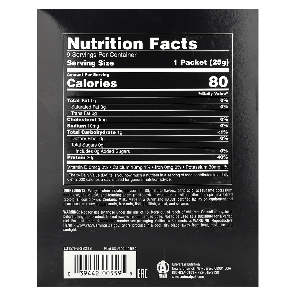 Animal, Прозрачный изолят сыворотки, голубика и асаи, 9 отдельных пакетиков по 25 г (0,05 фунта)