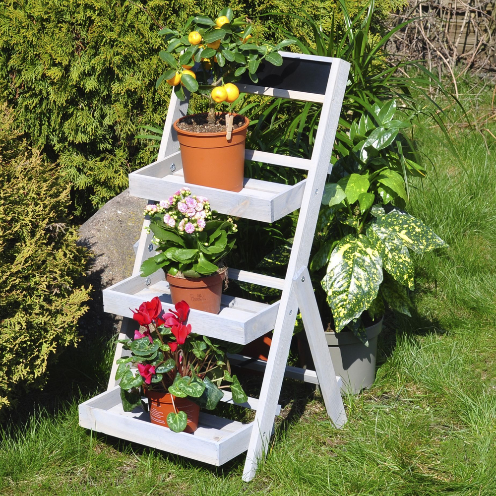 Подставка для цветов и декора напольная 3 полки из массива сосны Флорэль, деревянная этажерка для цветов на подоконник в стиле рустик, серая