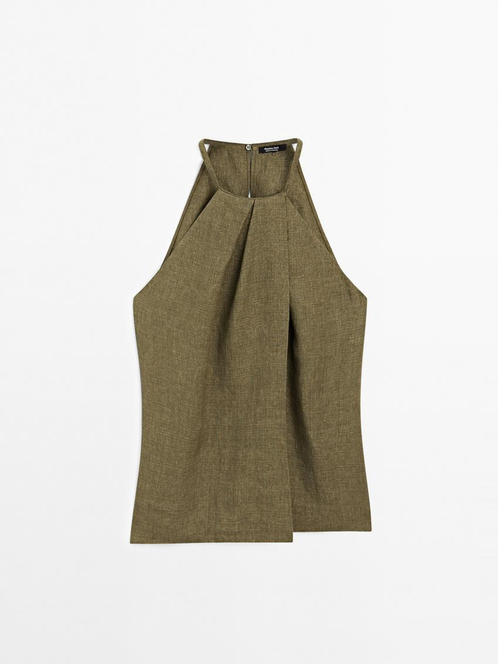 Massimo Dutti Топ внахлест из 100% льна с горловиной халтер, зеленый