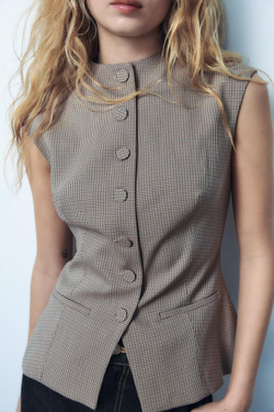 ZARA ТОП В КЛЕТКУ С ПУГОВИЦАМИ, БОРДОВЫЙ/ЭКРЮ